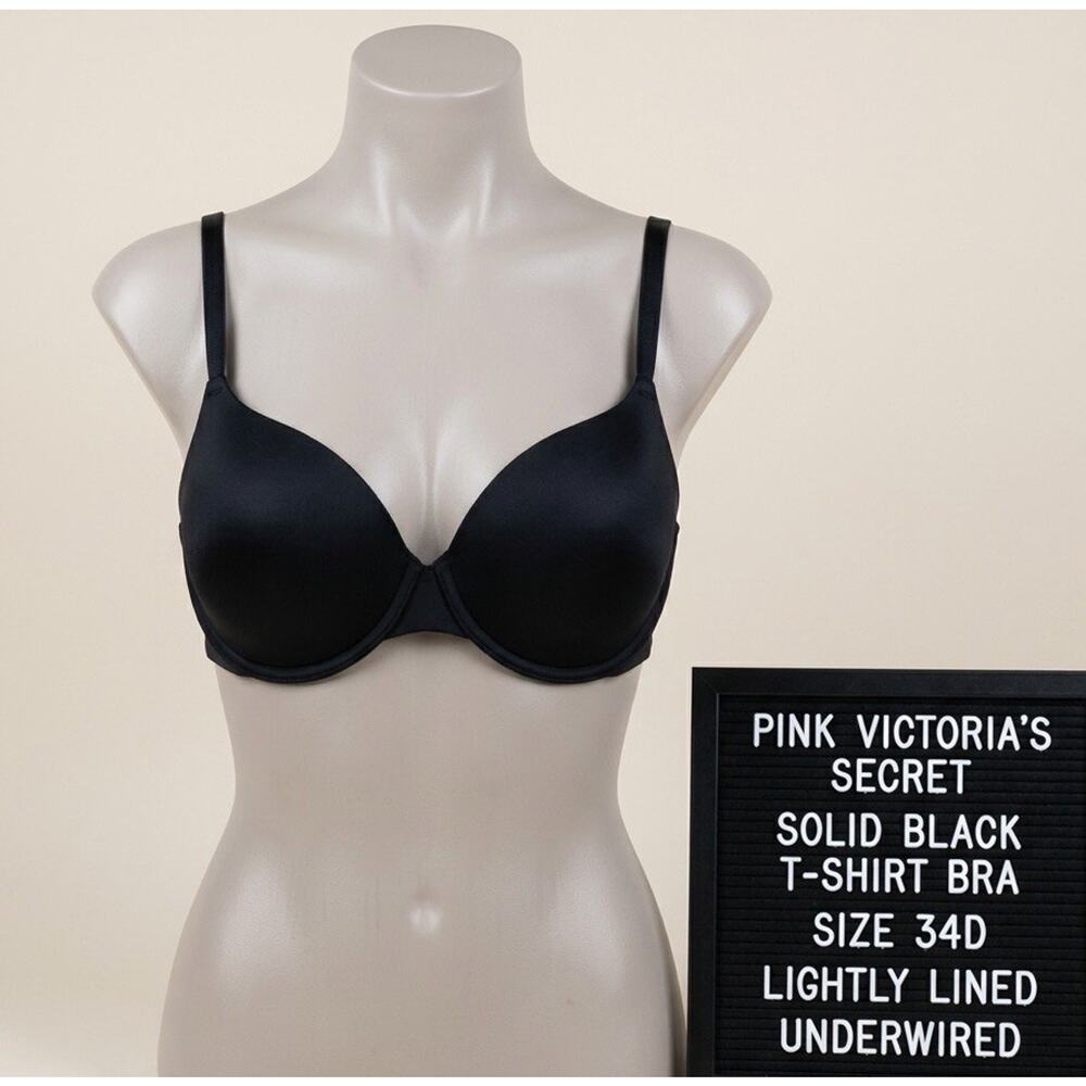 PINK Victoria's Secret 34D Bra Solid Black Wear Everywhere T-Shirt Lightly Lined